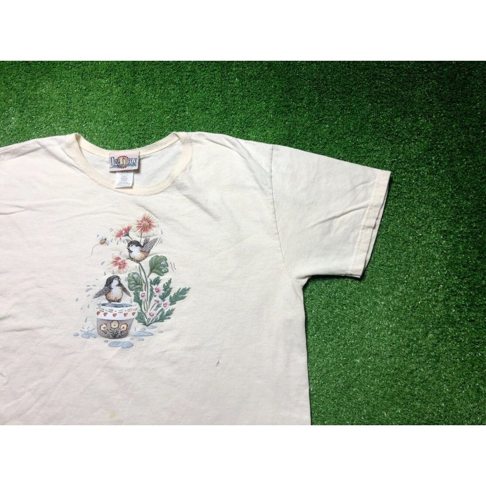 Vintage Day Breeze Birds Flower Pot Nature Mens White Tee Size Large